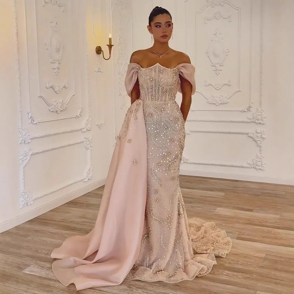 Luxury Nude Off Shoulder Pearl Beaded Mermaid Evening Dress with Overskirt LA73109