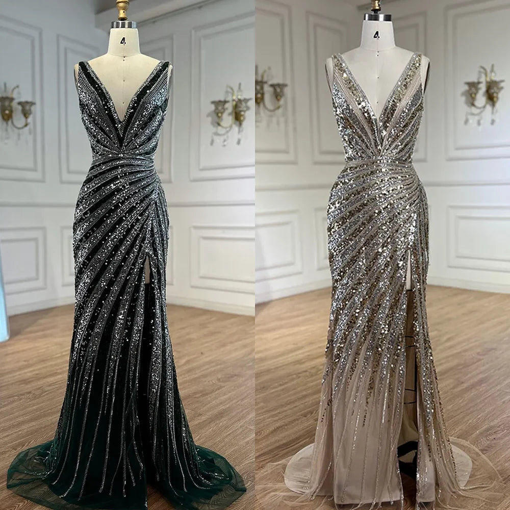 Luxury Green Beaded Mermaid Prom Dress with Split LA72613