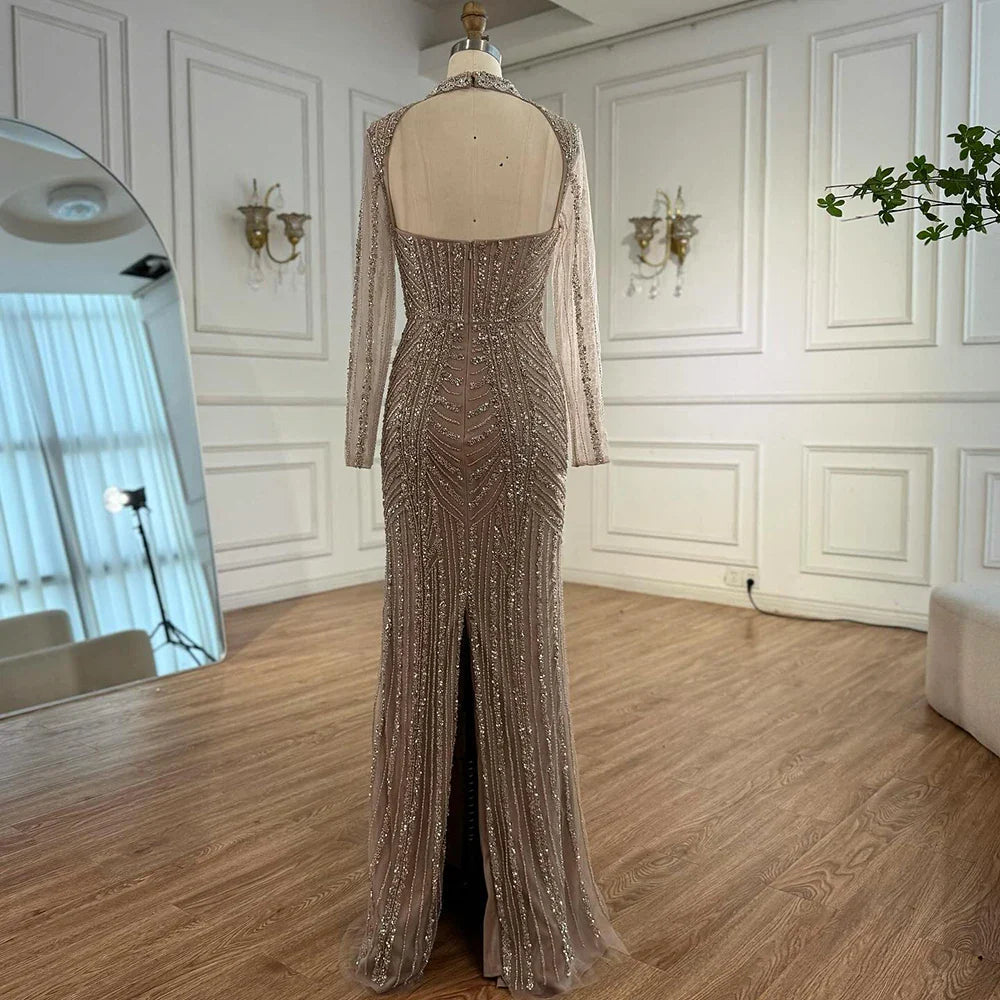 Caramel Beaded Mermaid Evening Dress with Long Sleeves LA72560B