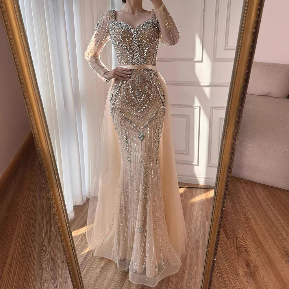 Luxury Nude Beaded Mermaid Evening Dress with Overskirt LA73190