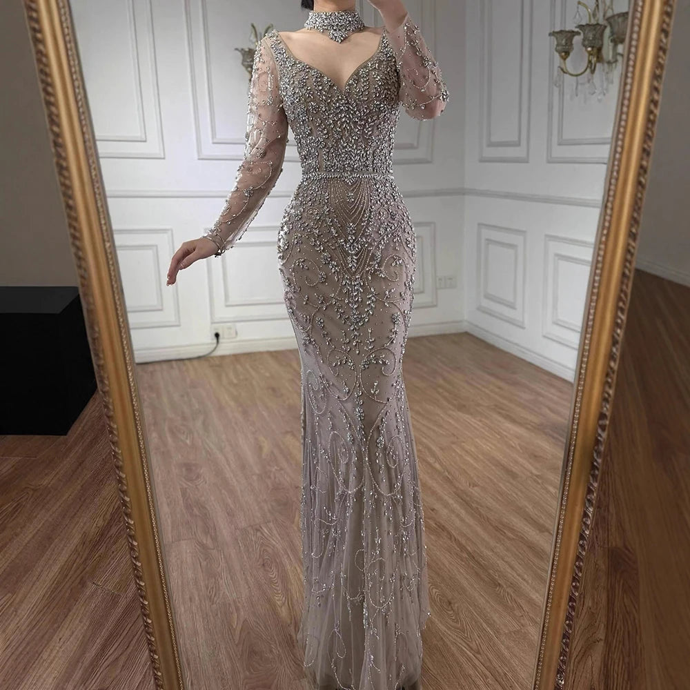 Luxury Caramel Beaded Crystal Mermaid Evening Dress Long Sleeves LA73042B