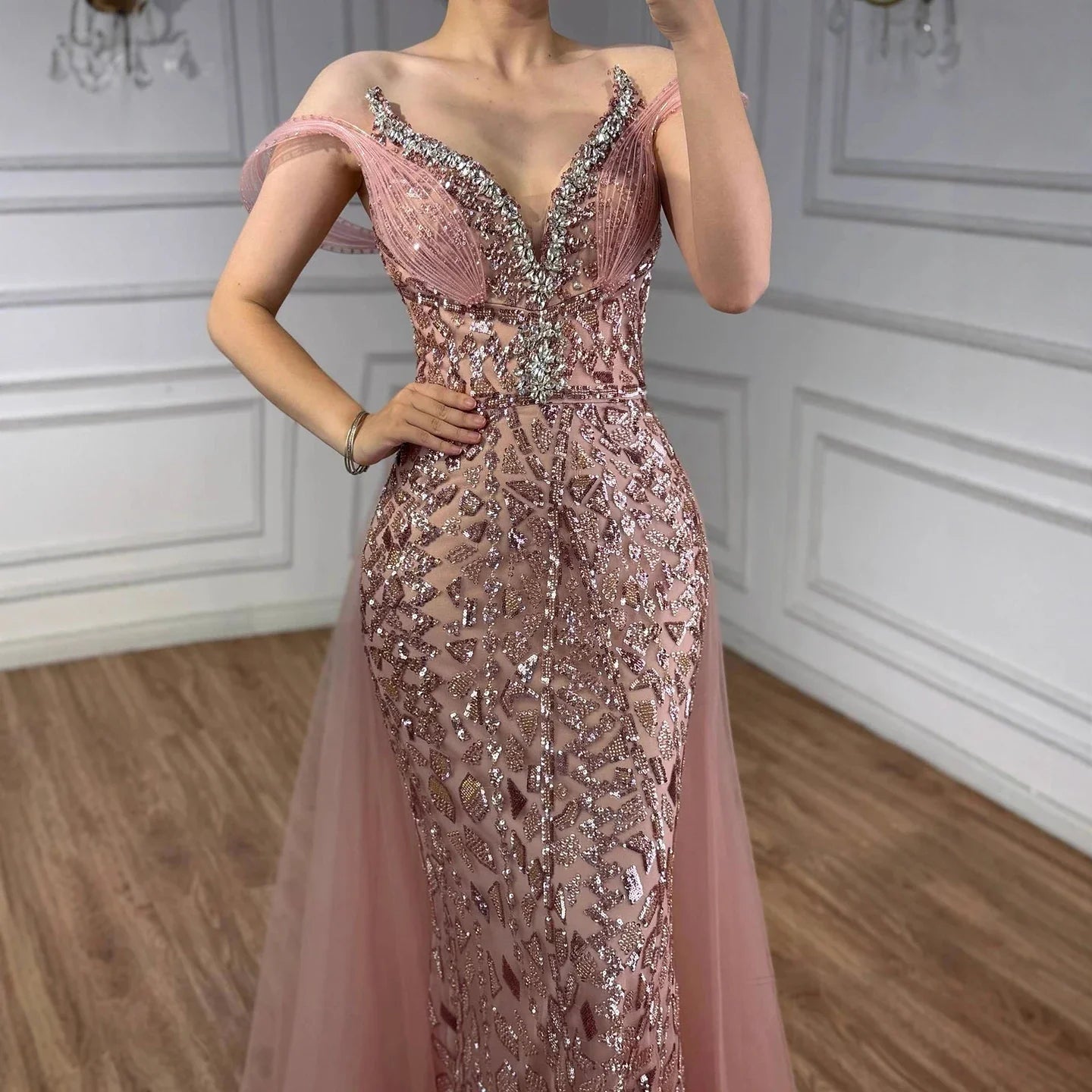 Serene Hill Pink Beaded Off Shoulder Evening Dress LA73413
