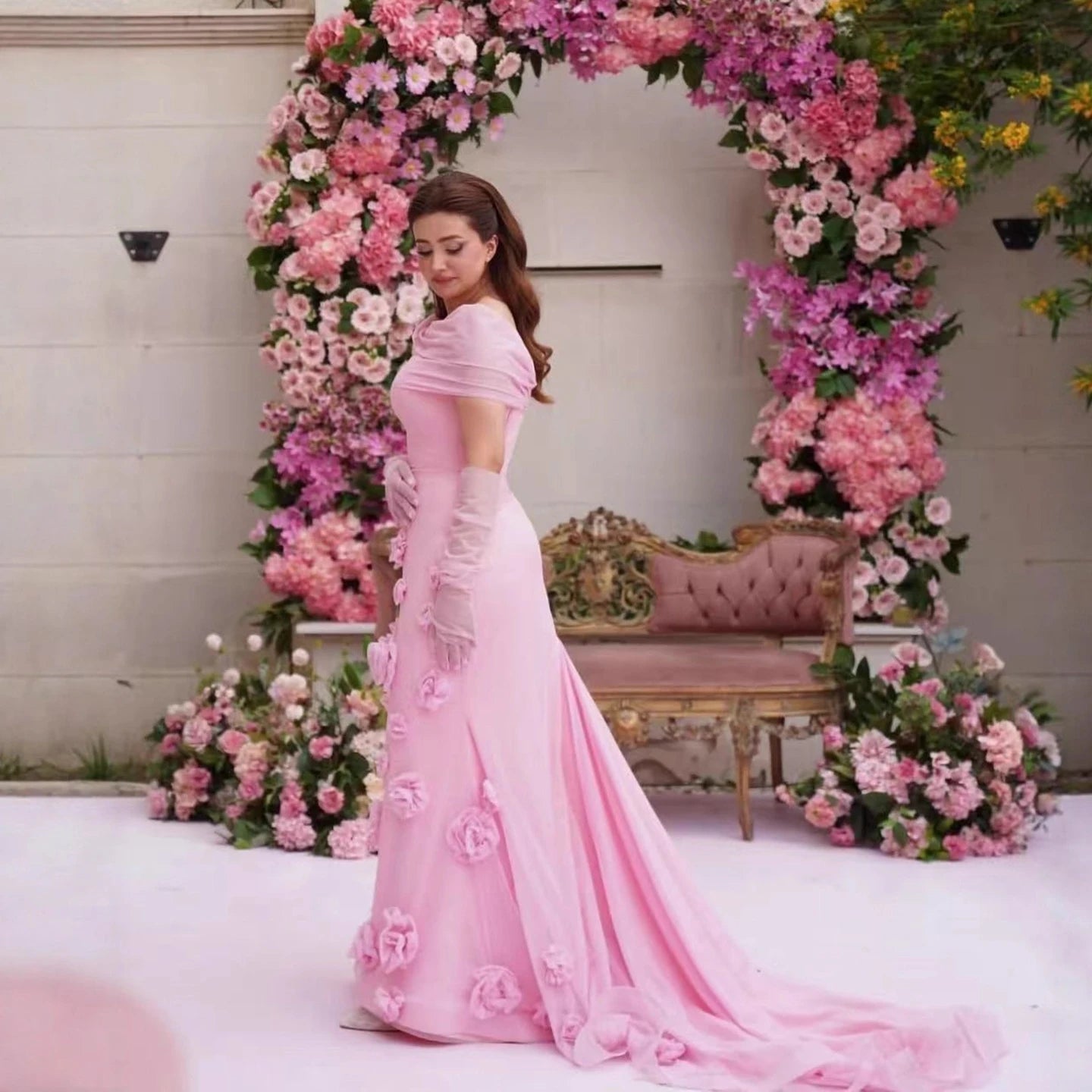 Elegant Pink 3D Flower Off Shoulder Mermaid Evening Dress LA73222