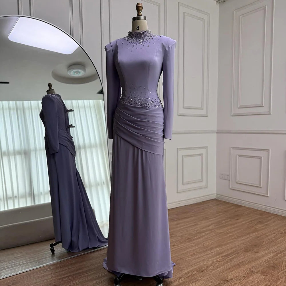 Luxury Muslim Modest Lilac Beaded Long Sleeve Evening Dress LA73093