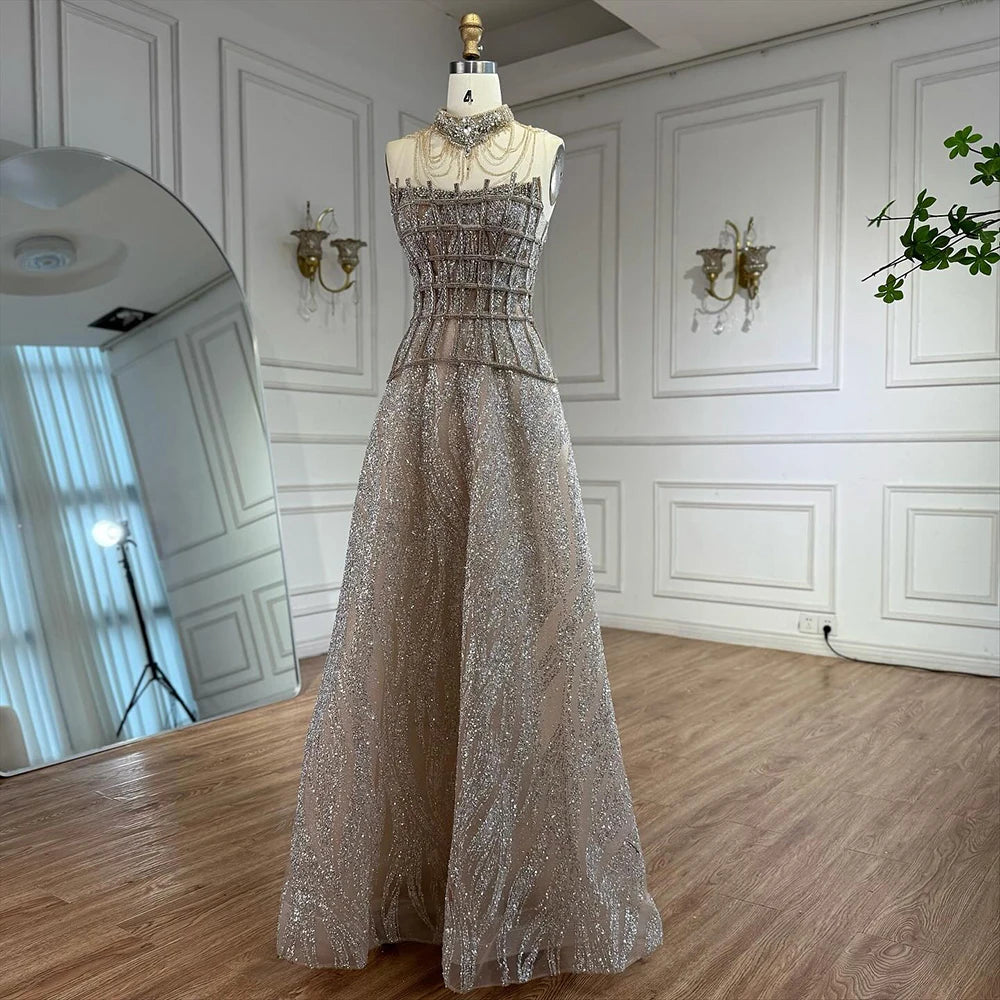 Luxury Nude Beaded A-Line Evening Dress for Women Formal Occasion LA73163