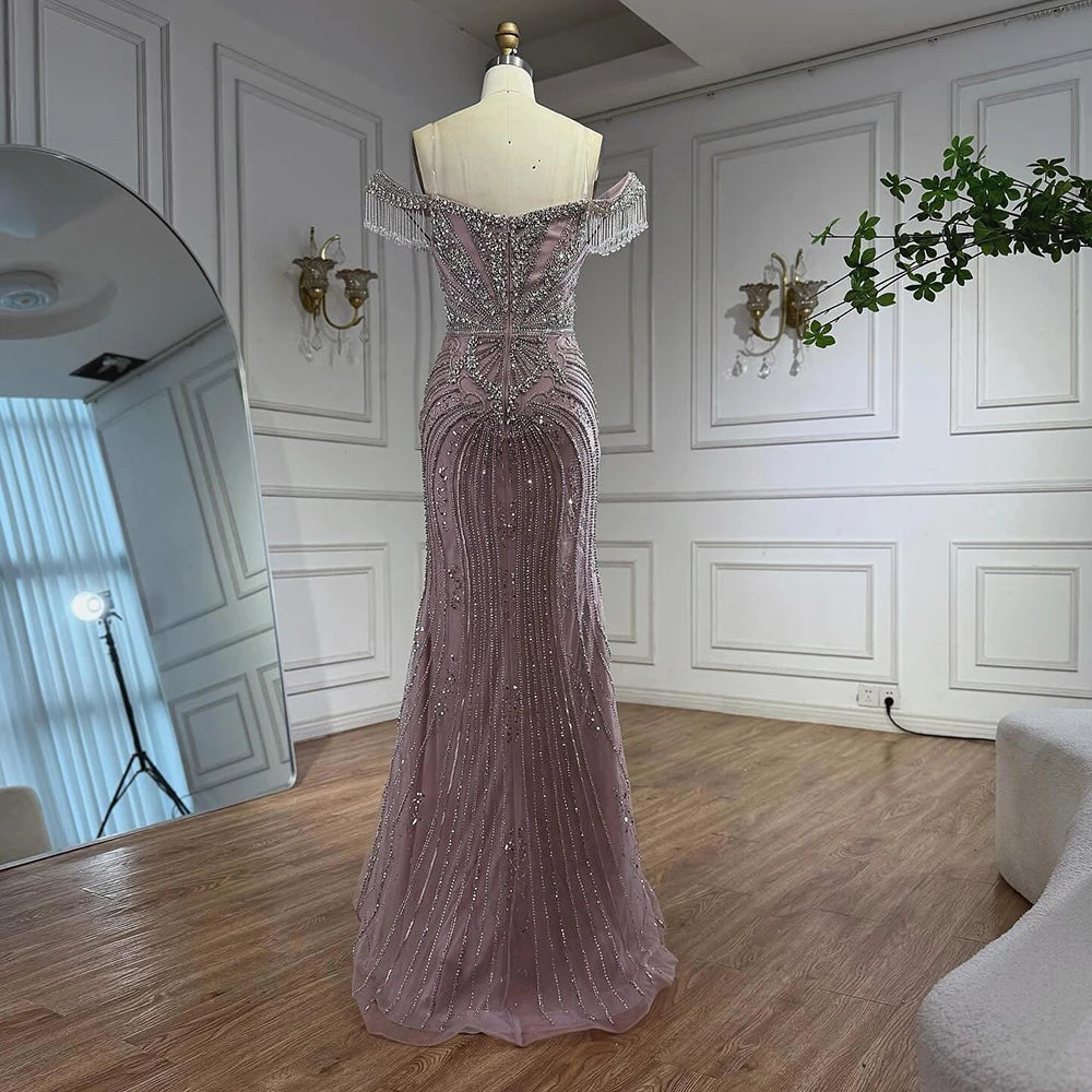 Luxury Pink Crystal Tassel Off Shoulder Evening Dress Dubai LA73204