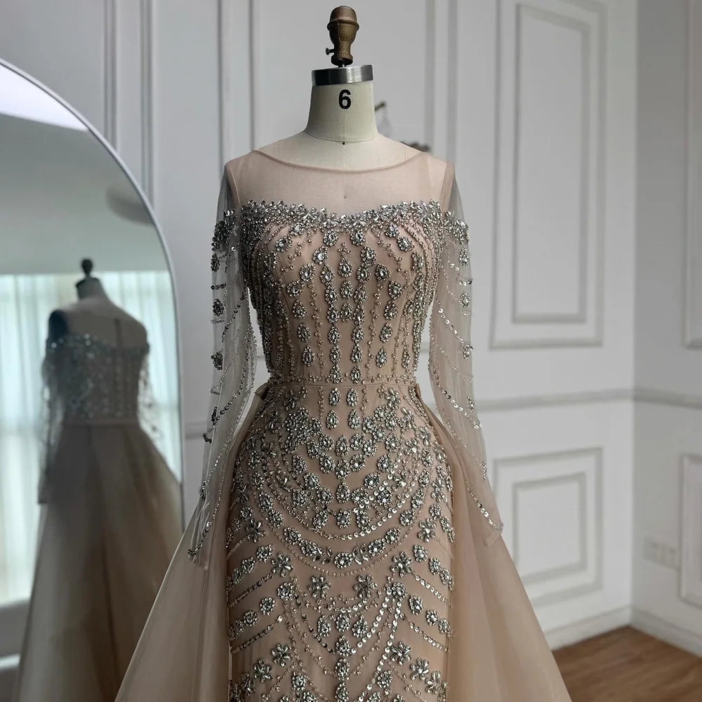 Luxury Off Shoulder Beaded Evening Dress with Long Sleeves and Train LA72930