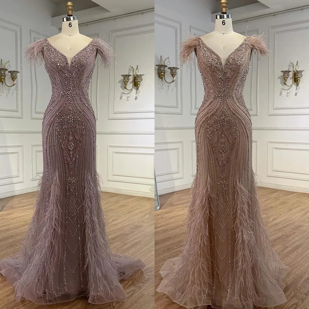 Luxury Pink Feathered Mermaid Evening Dress with Beaded Hem LA73098
