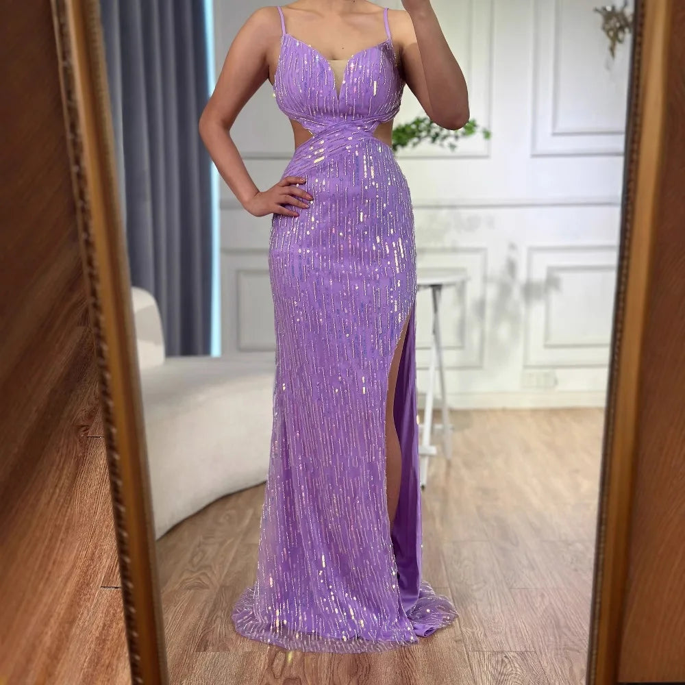 Luxury Purple Sequin Prom Dress with Slit and Cutout Waist LA73000