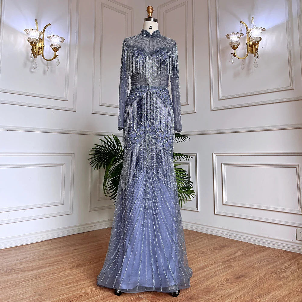 Luxury Blue Beaded Tassel Mermaid Evening Dress Dubai Style LA71986