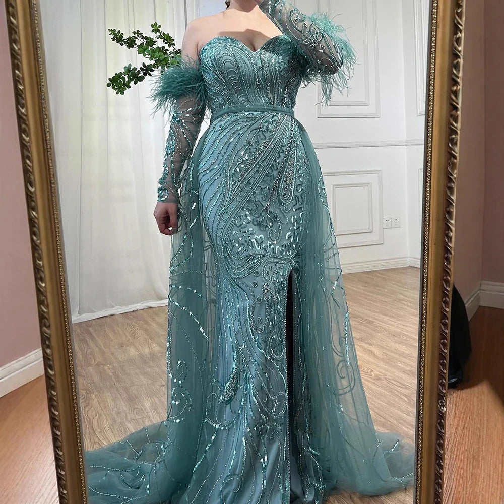 Luxury Arabic Nude Mermaid High Split Feather Beaded Evening Dress LA71910