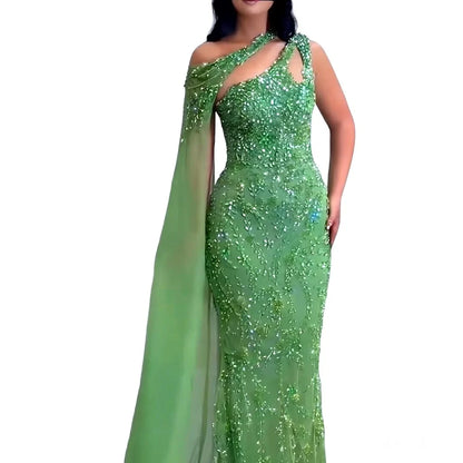 Luxury Green One Shoulder Crystal Beaded Mermaid Evening Dress With Cape LA73485