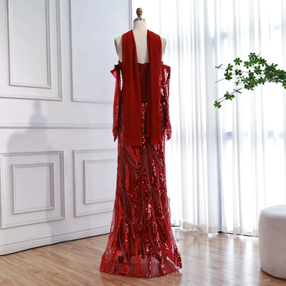 Luxury Wine Red Mermaid Evening Dress With Gloves LA73050E