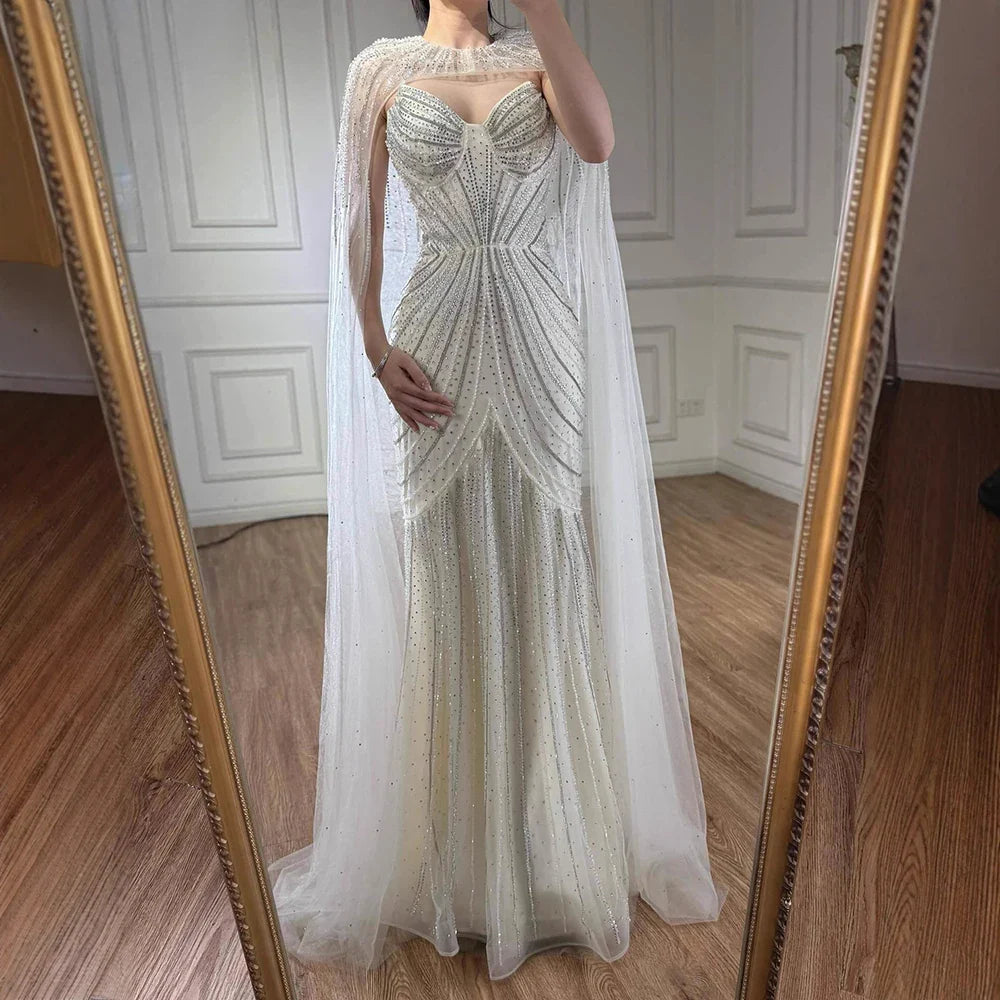 Luxury Blue Beaded Evening Gown with Detachable Cape LA72784
