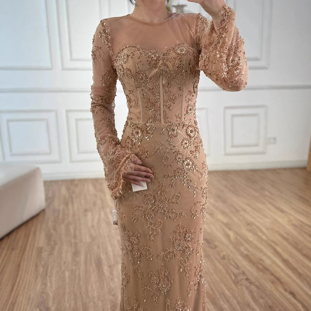 Luxury Arabic Lace Beaded Mermaid Evening Dress with Sleeves LA72545