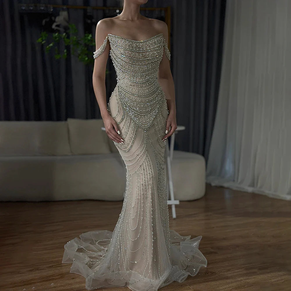 Luxury Crystal Silver Gray Mermaid Dubai Evening Dresses LA72253
