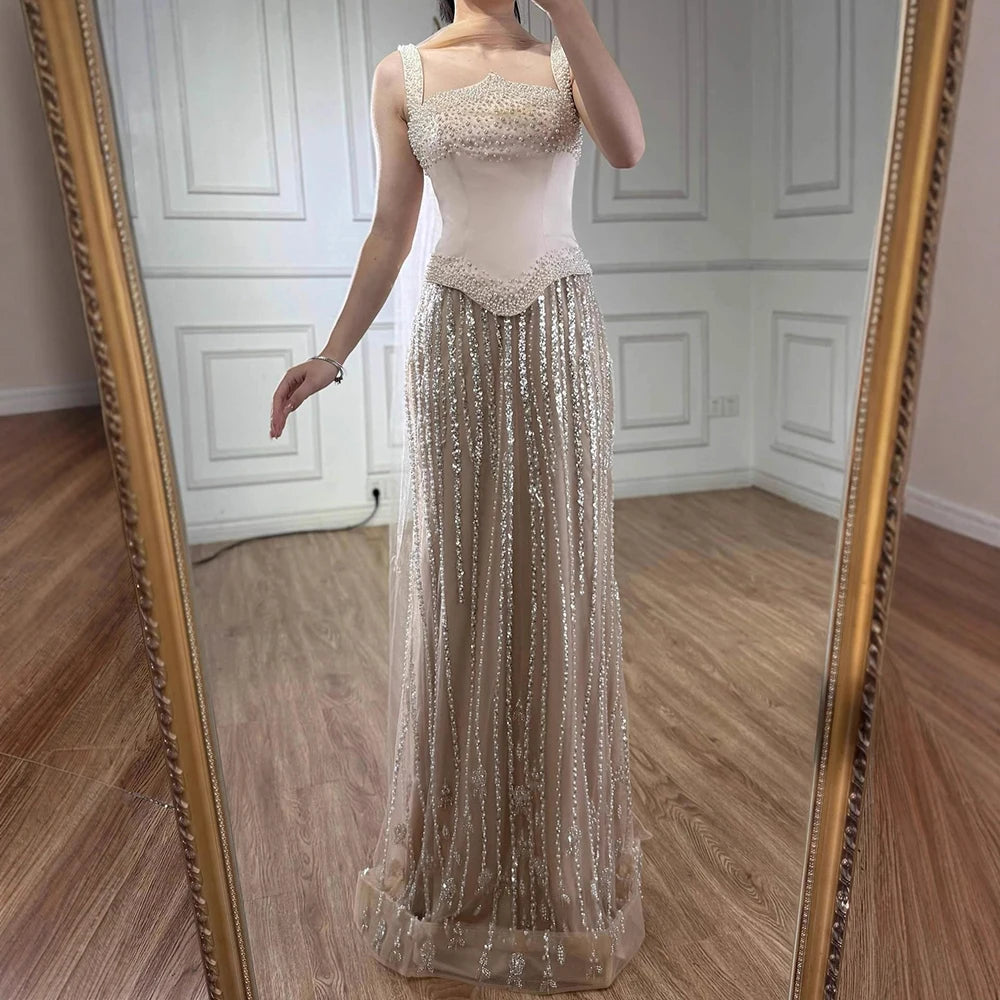 Glamorous Pink Strapless Mermaid Evening Dress with Pearls LA73070
