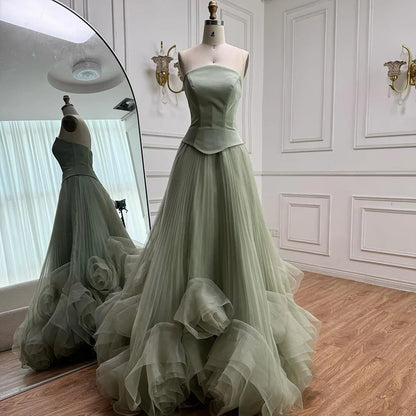 Elegant Sage Green 3D Flowers A Line Evening Dresses Gowns LA72913