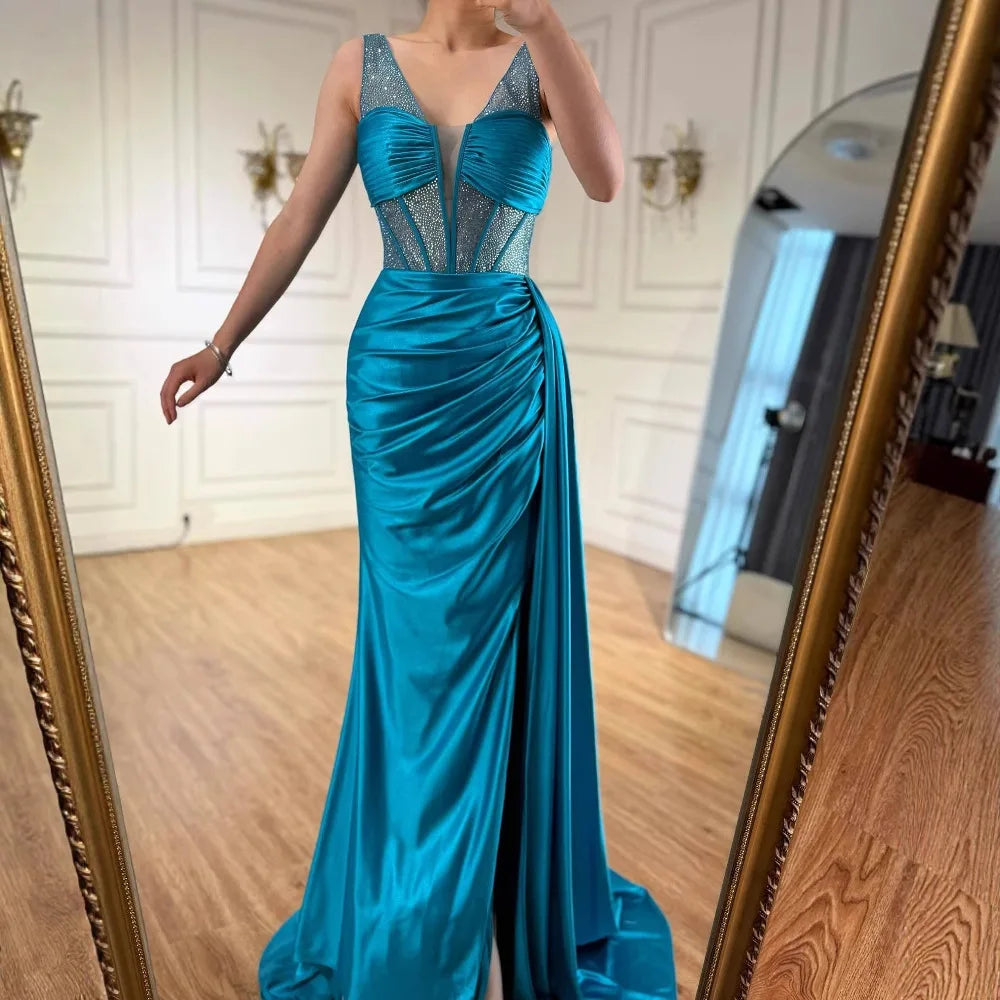 Luxury Blue Prom Dress with Side Overskirt Spaghetti Straps LA73011