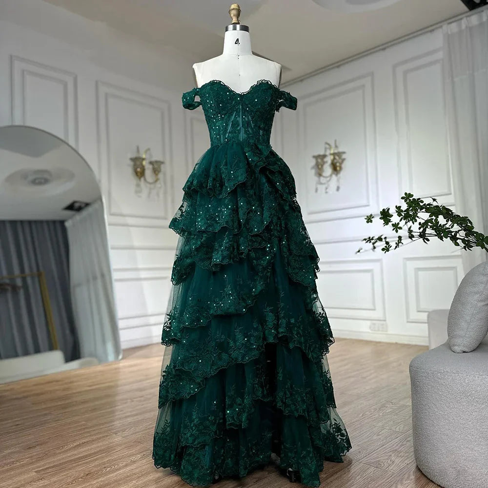 SERENE HILL A-Line/Princess Tulle Lace er Court Train Prom  Dress With Ruffles Sequins LA72586