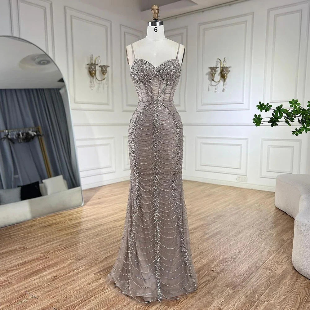 Serene Hill 2025 Arabic Caramel Spaghetti Strap Mermaid Lace-Up Evening Gown Beaded Dress for Women's Party LA72645