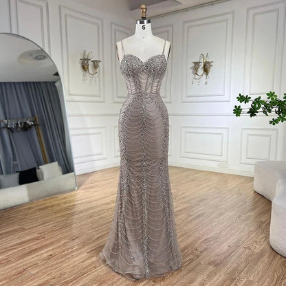 Serene Hill 2025 Arabic Caramel Spaghetti Strap Mermaid Lace-Up Evening Gown Beaded Dress for Women's Party LA72645