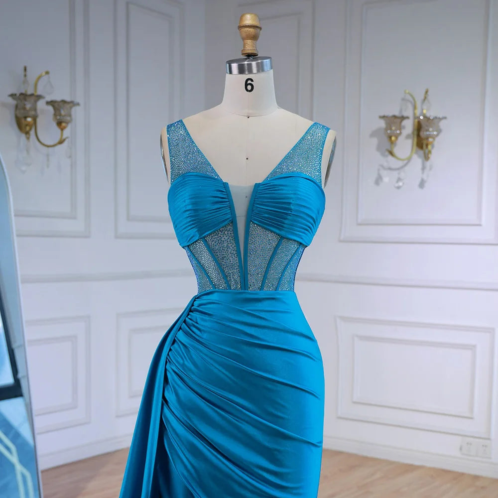 Luxury Blue Prom Dress with Side Overskirt Spaghetti Straps LA73011