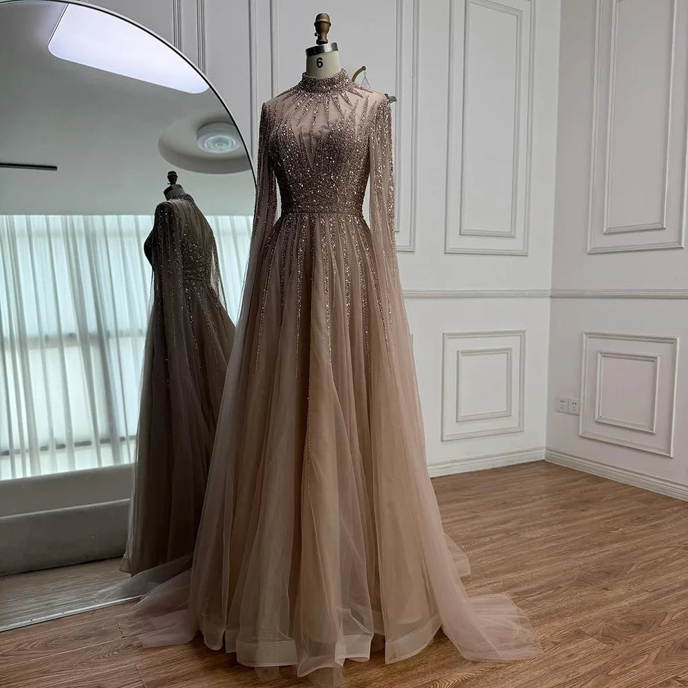 Luxury Arabic Turquoise A-Line Beaded Evening Dress with Cape LA72199