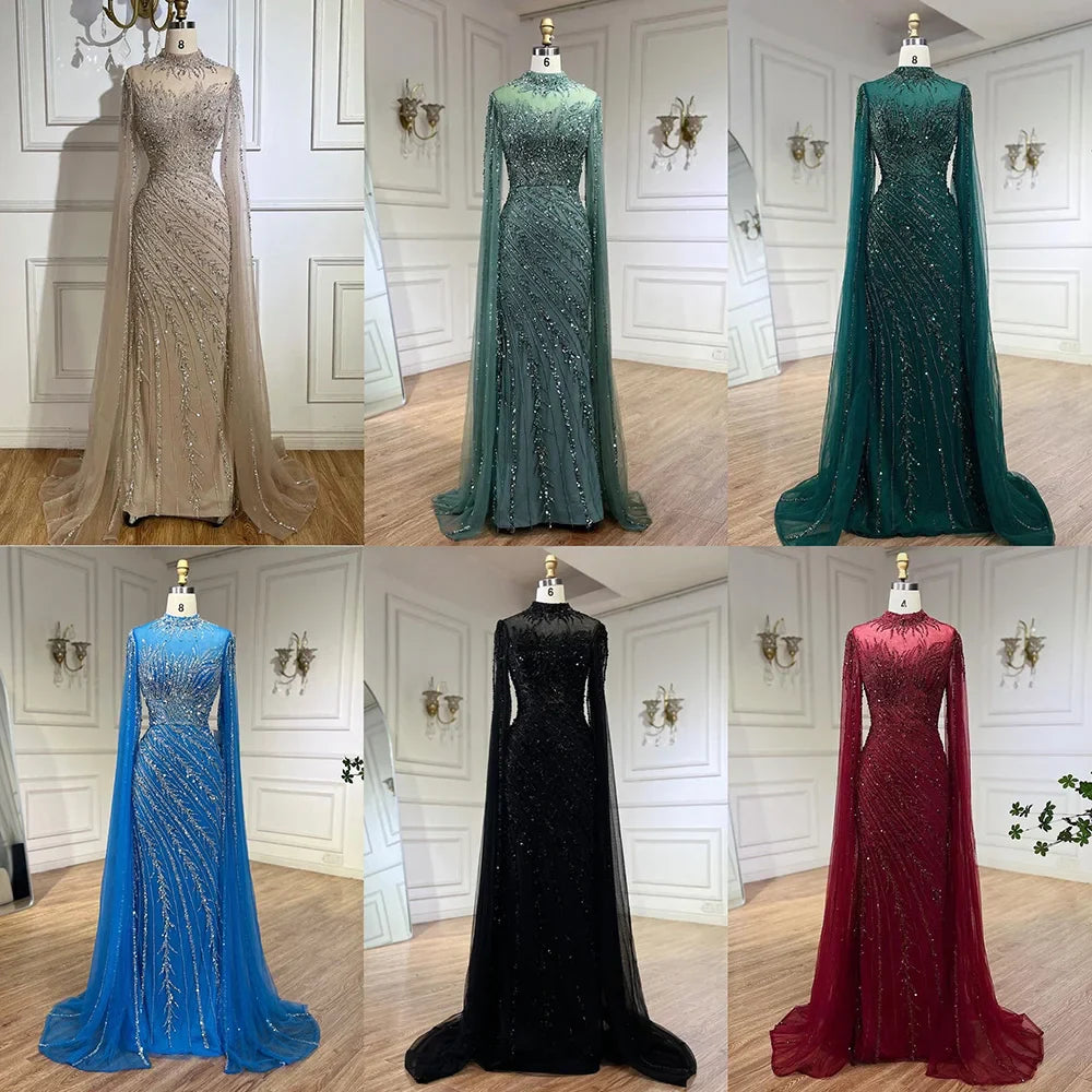 Luxury Black Nude Mermaid Evening Dresses with Cape Sleeves LA71885A