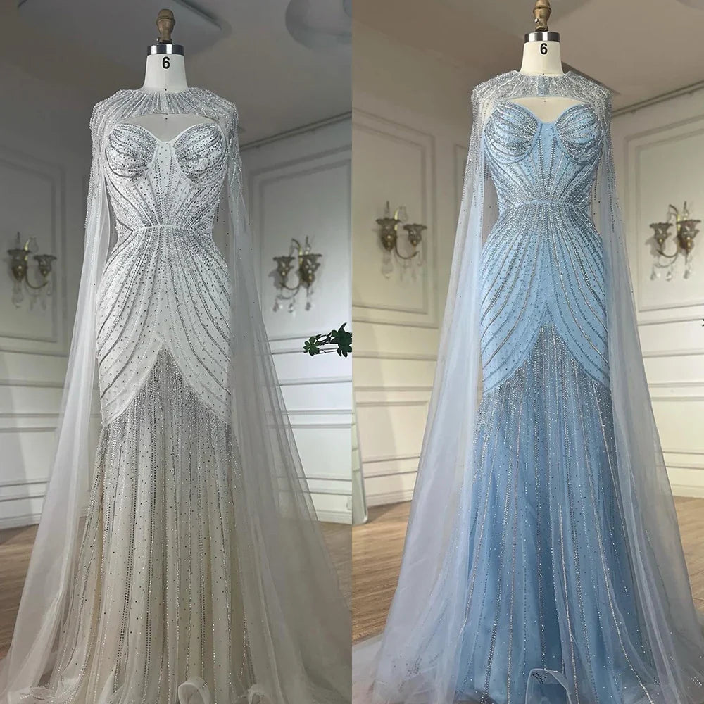 Luxury Blue Beaded Evening Gown with Detachable Cape LA72784