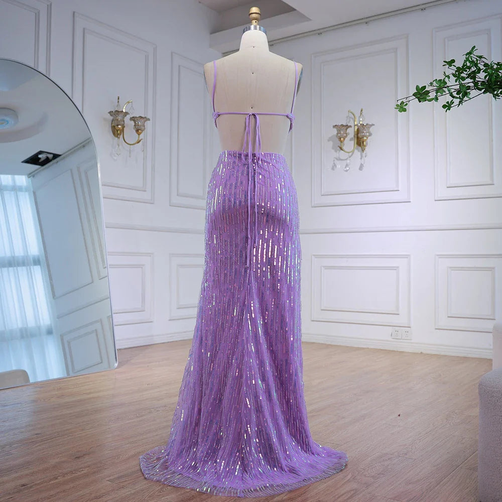 Luxury Purple Sequin Prom Dress with Slit and Cutout Waist LA73000