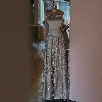 Luxury Sage Green and Pink Arabic   Beaded Evening Dress LA72805D