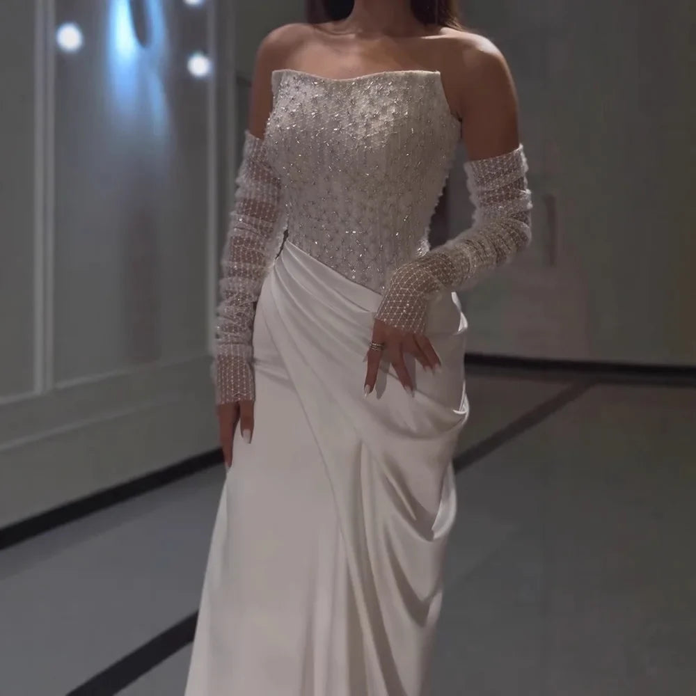 White Strapless Beaded Evening Dress with Detachable Sleeves LA72293A