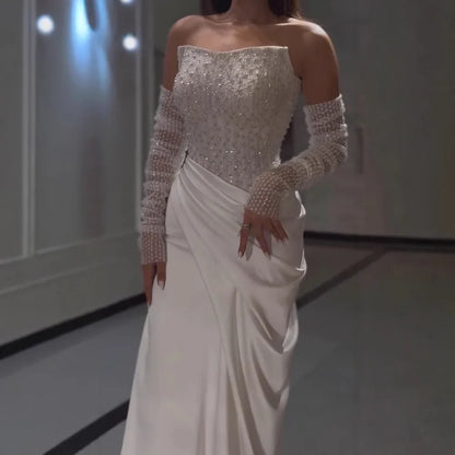 White   Beaded Evening Dress with Detachable Sleeves LA72293A
