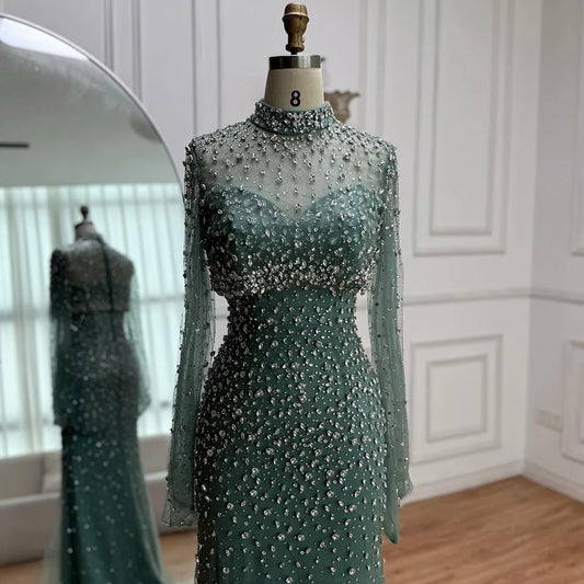 Luxury Turquoise Beaded Mermaid Evening Dress with Detachable Top LA73095