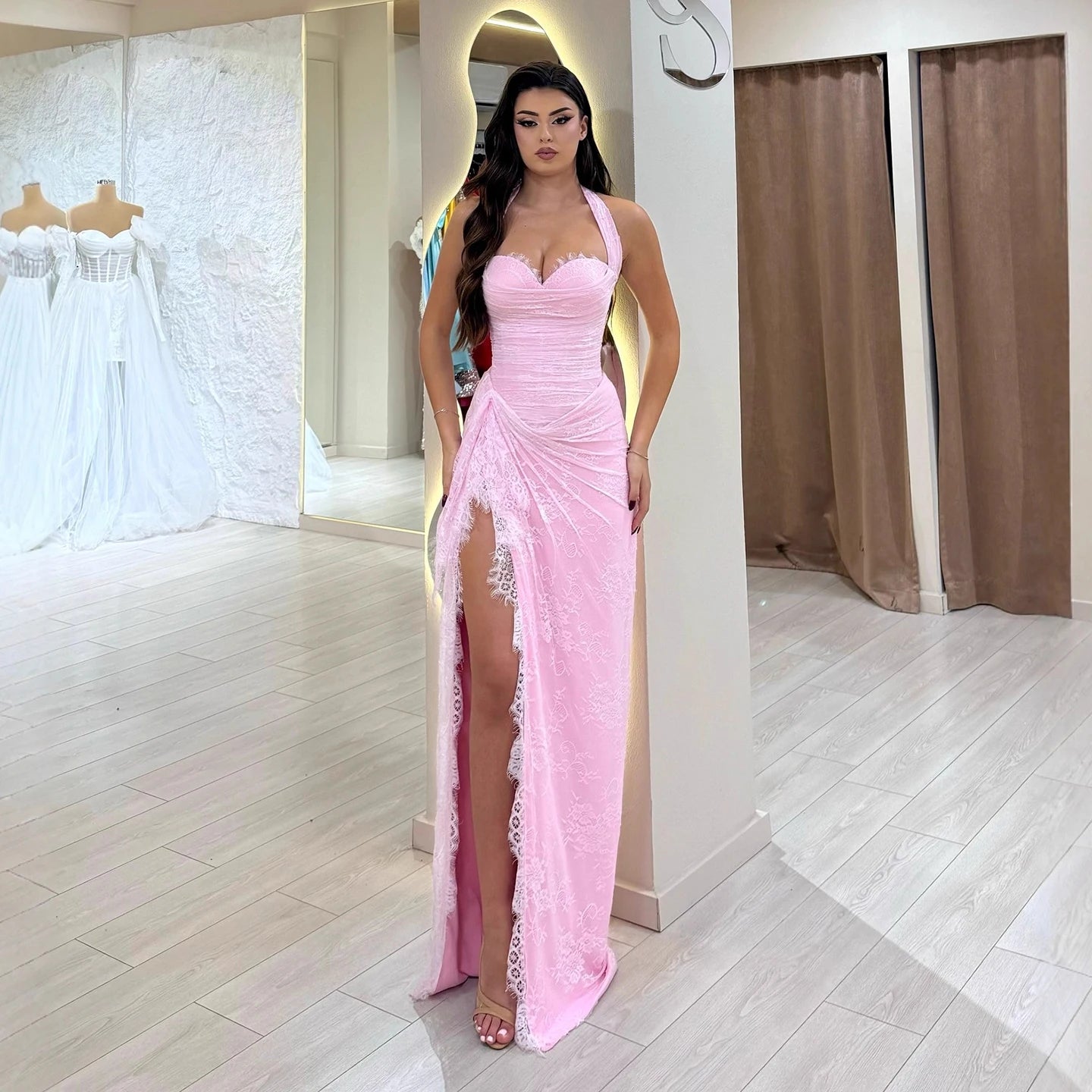Luxury Pink Lace Halter Saudi Arabic High Split Evening Dress LA73372