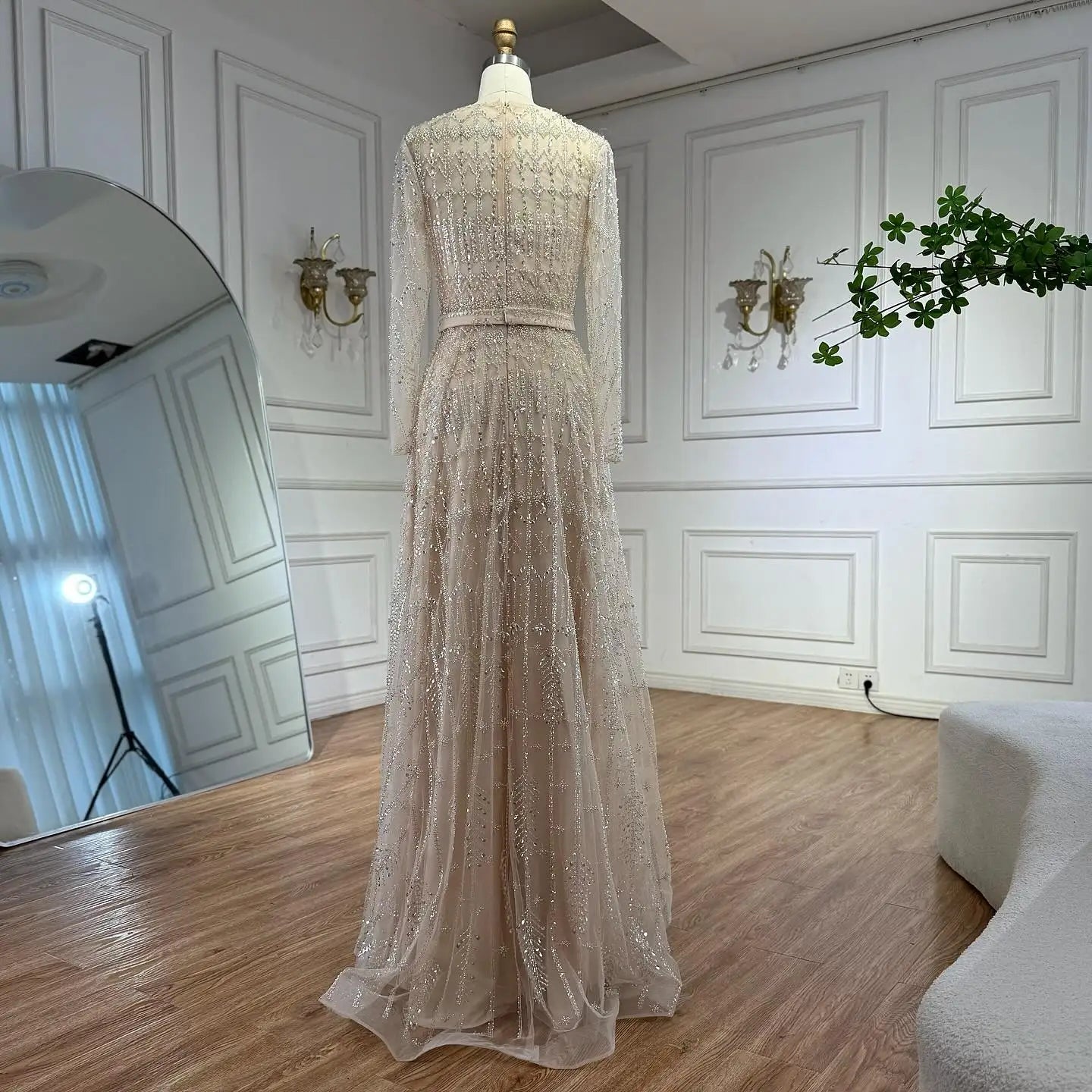 Luxury Nude A-Line Pearls Beaded Evening Dress LA73174