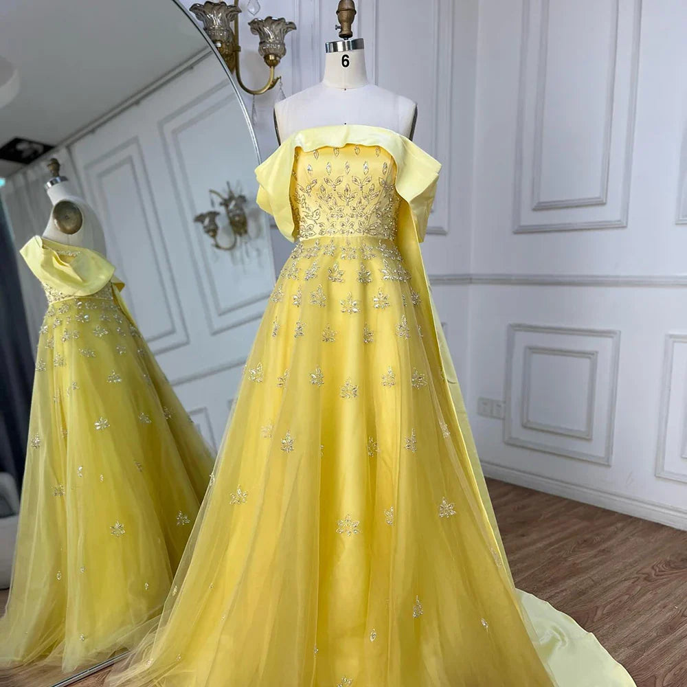 Luxury Dubai Arabic Yellow Elegant Boat Neck Long Evening Dress LA72531