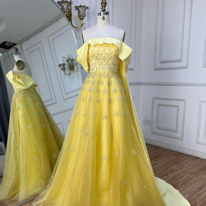 Luxury Dubai Arabic Yellow Elegant Boat Neck Long Evening Dress LA72531