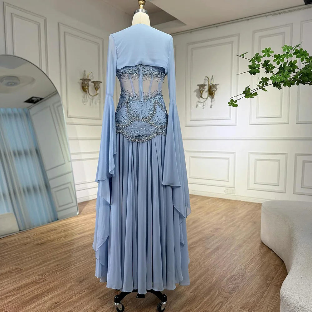 Luxury Blue Evening Dress with Pearls Tassels and Flowing Coat LA72978A