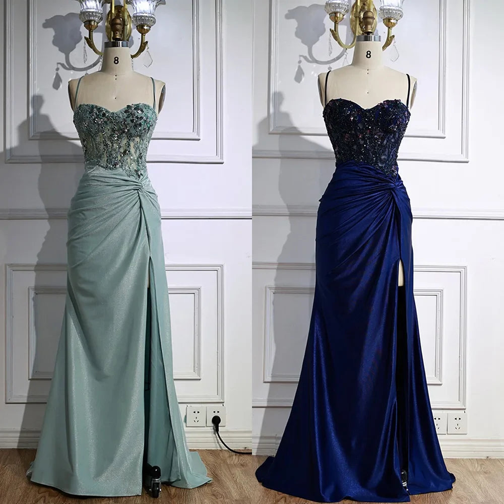 Luxury Light Green Satin Prom Dress with Lace and Slit LA73032A