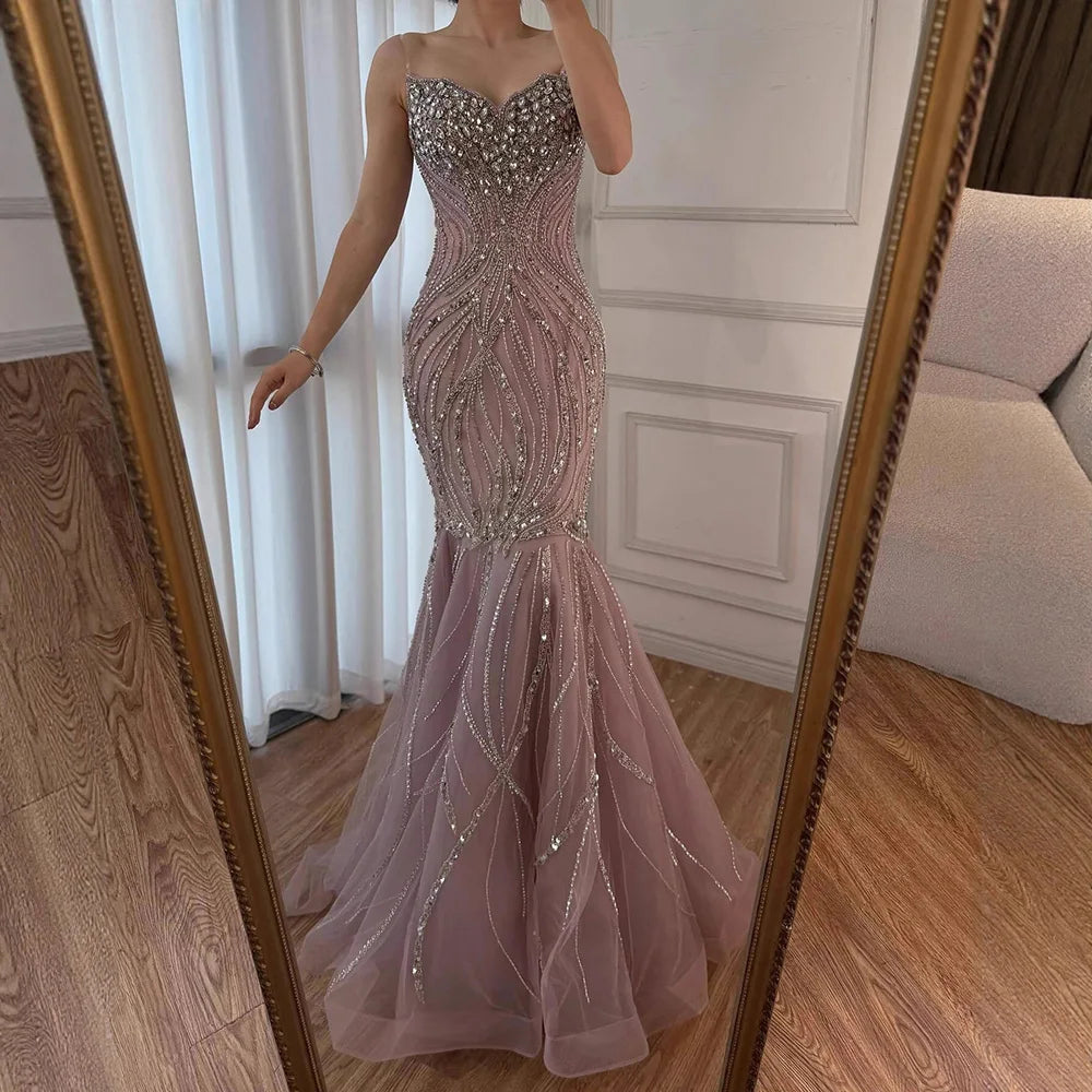 Luxury Pink Beaded Strapless Mermaid Evening Dress LA73124