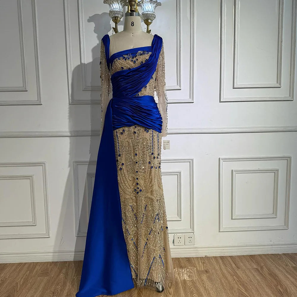 Luxury Royal Blue Velvet Beaded Mermaid Evening Dress LA72988