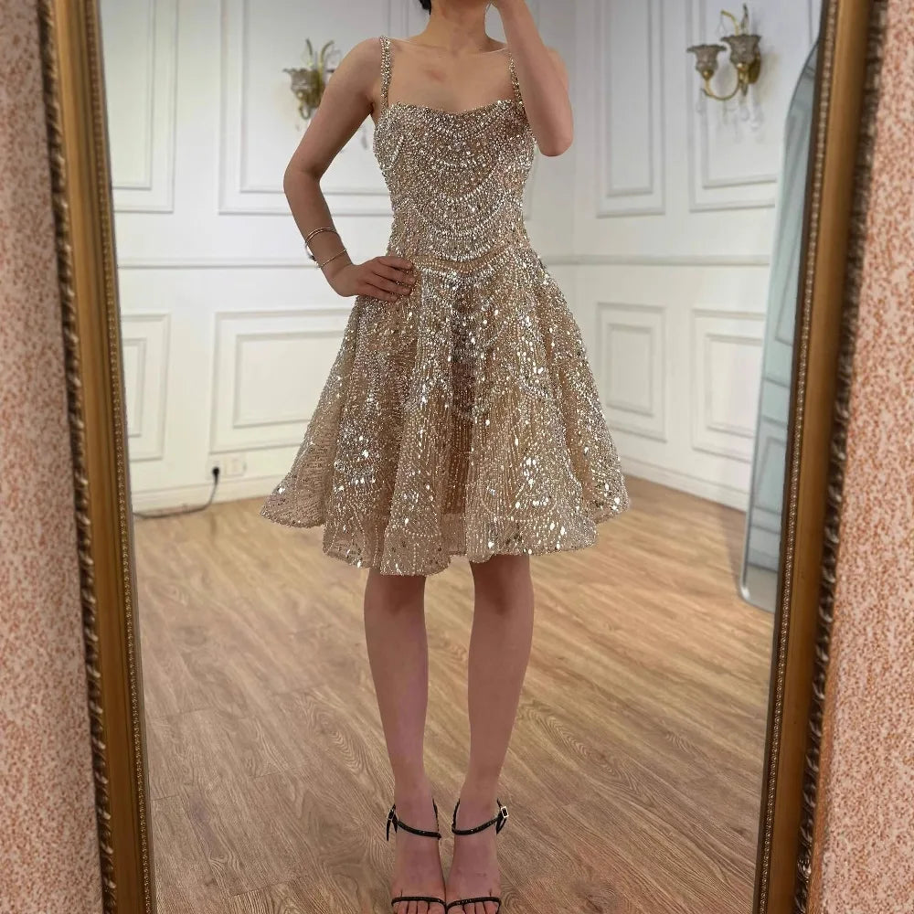 Luxury Nude Crystal A-Line Short Sparkly Cocktail Party Dress LA72983