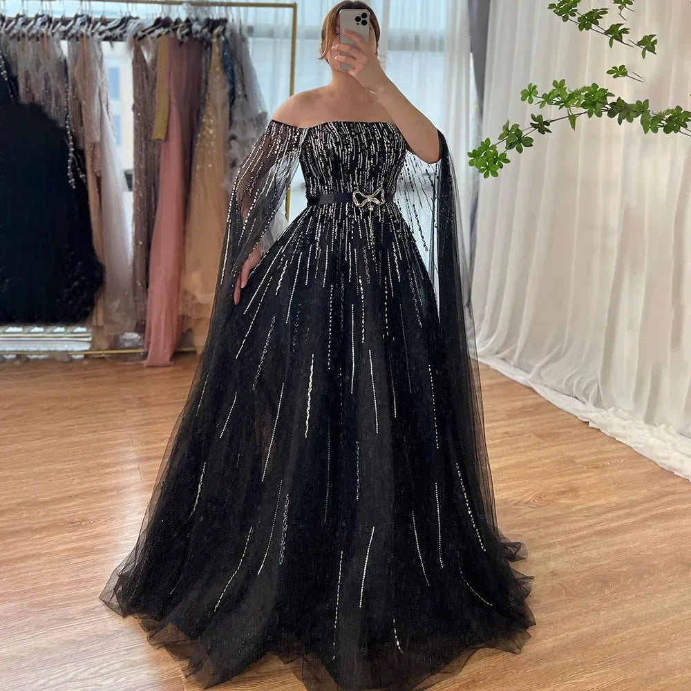 Luxury Black A Line Beaded Evening Dress with Cape Sleeves LA71824