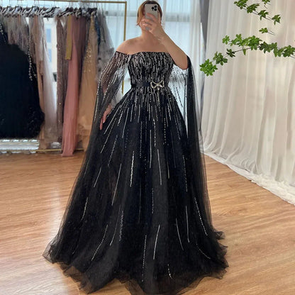 Luxury Black A Line Beaded Evening Dress with Cape Sleeves LA71824