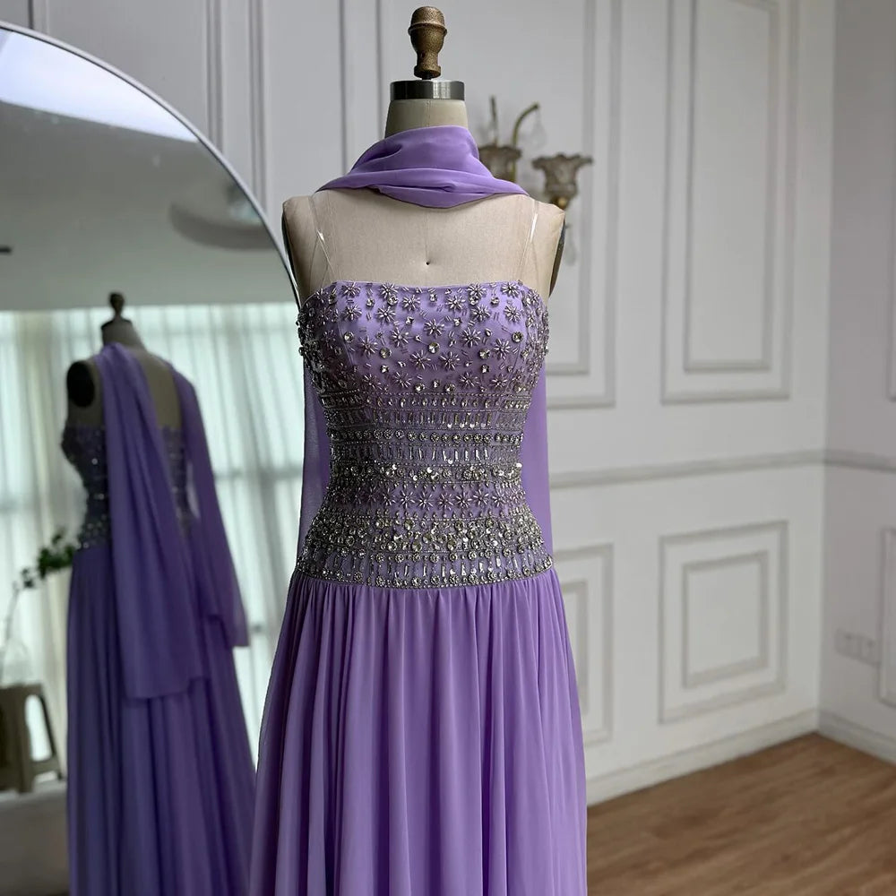 Lilac Strapless Beaded A Line Arabic Evening Dress LA73044