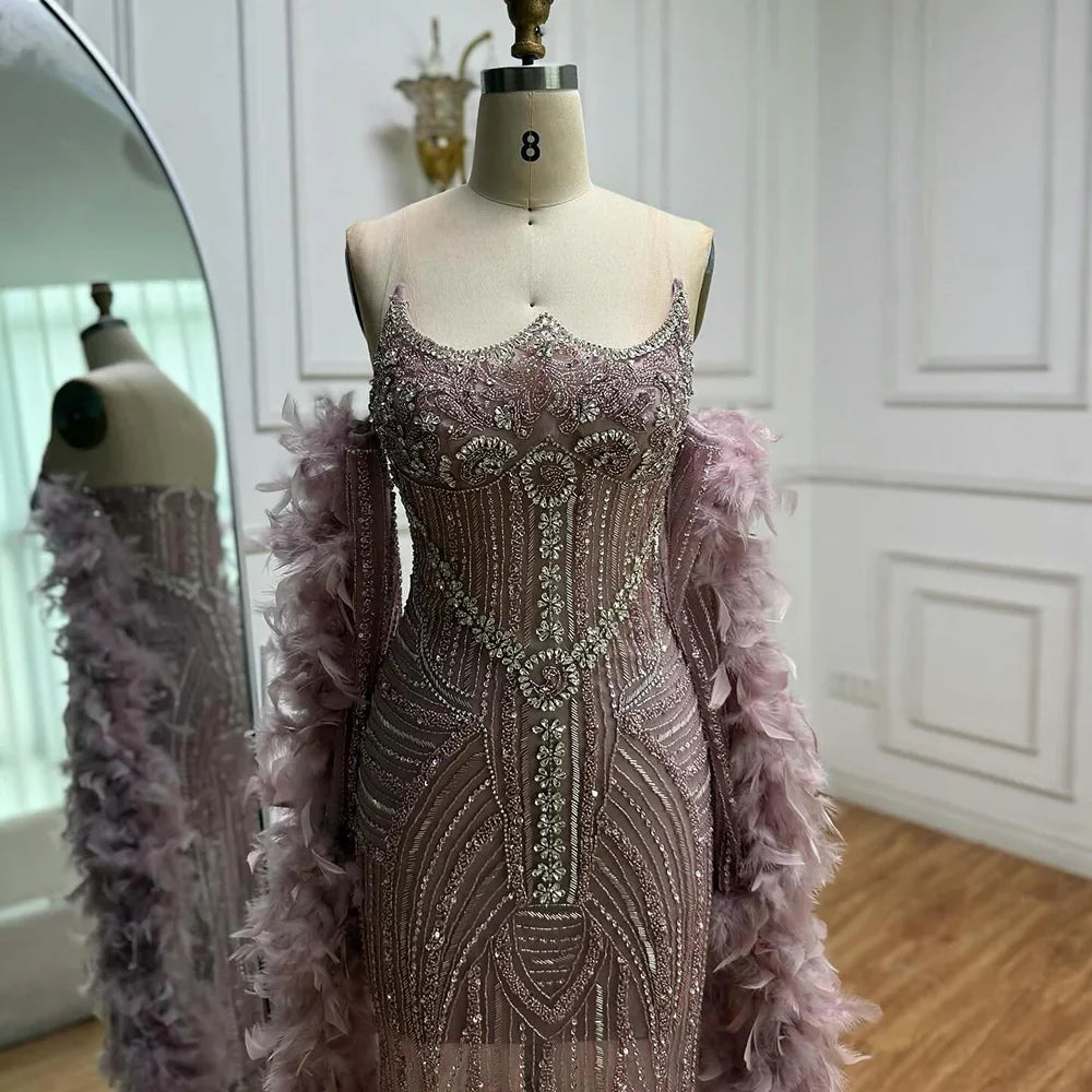 Luxury Caramel Beaded Mermaid Evening Dress with Feather Sleeves LA73055