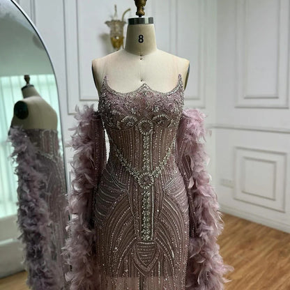 Luxury Caramel Beaded Mermaid Evening Dress with Feather Sleeves LA73055