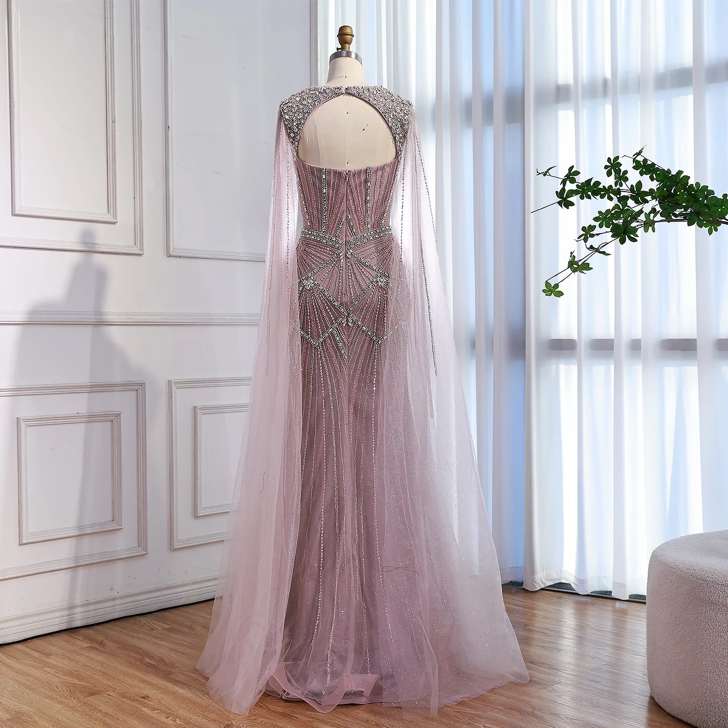 Luxury Dubai Pink Beaded Evening Dress With Cape LA73329